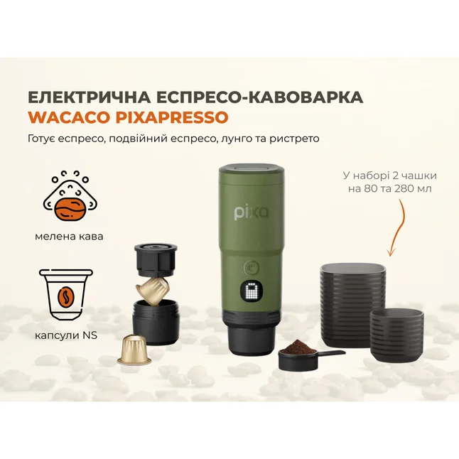 Портативная электрическая эспрессо кофеварка Wacaco Pixapresso для молотого кофе и капсул, оливково-зеленая — Photo 7